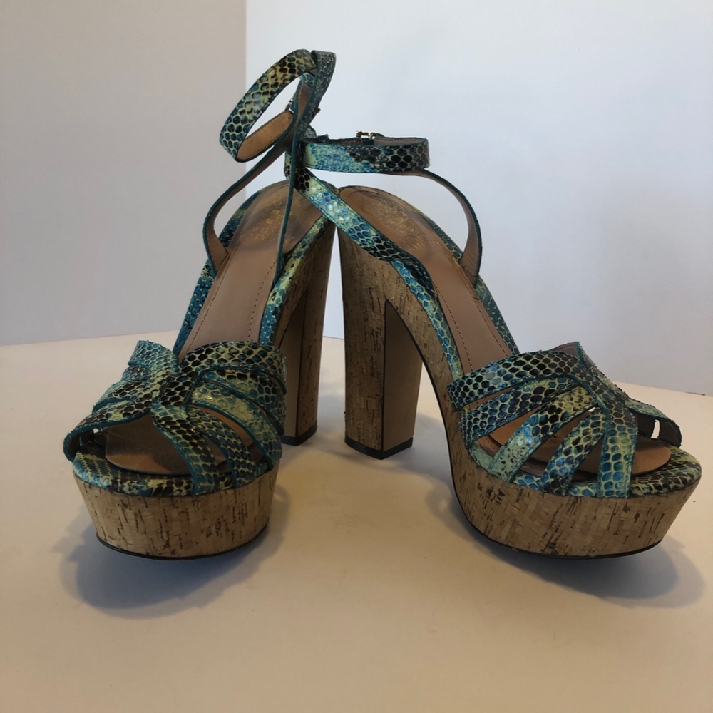 Snakeskin Print Platform Cork Heeled Sandals Sz9.5